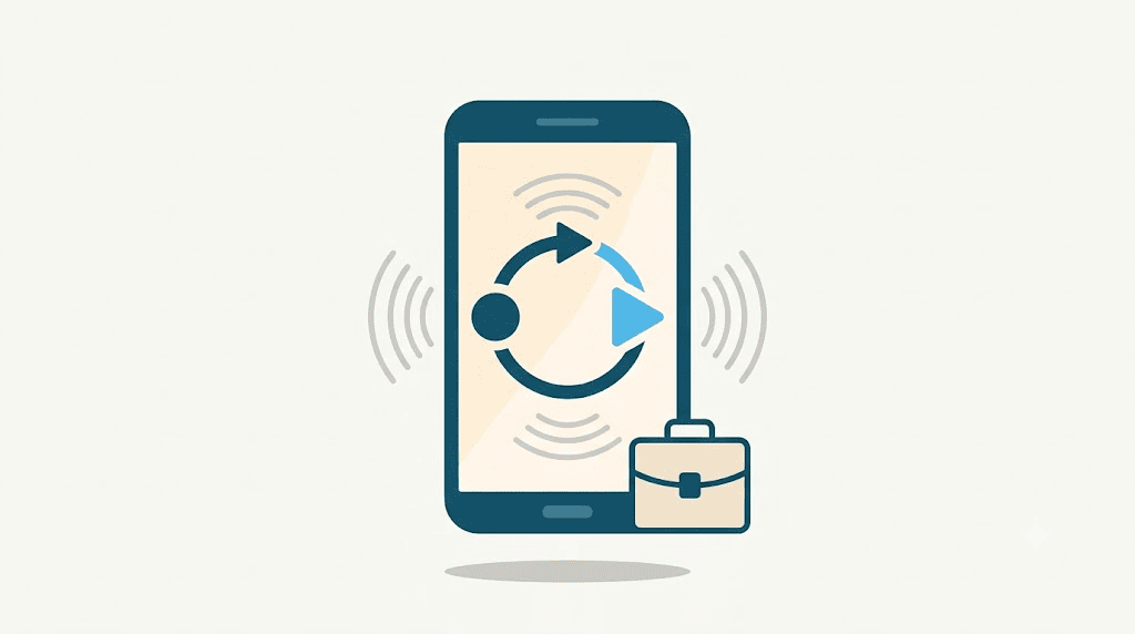 Illustration: a phone showing the record-then-replay loop beside a briefcase