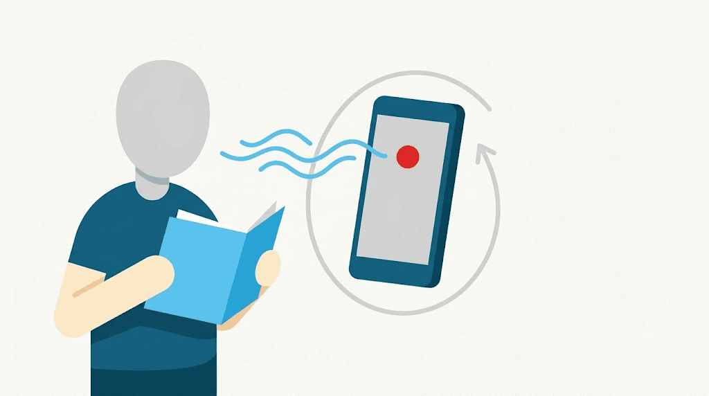 Illustration: a person reads from a script and records it into a phone