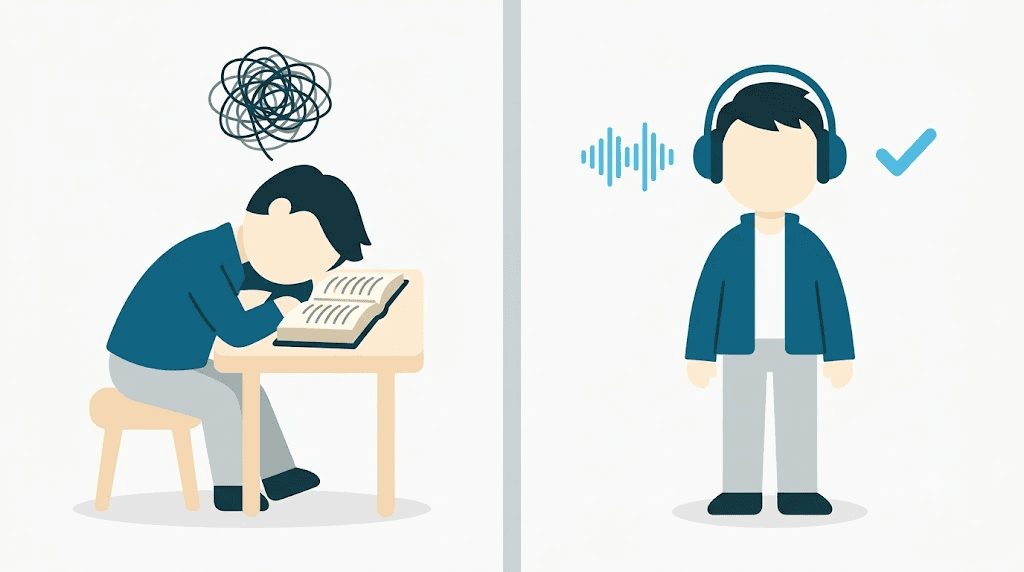 Illustration: reading a script over and over versus listening back on headphones