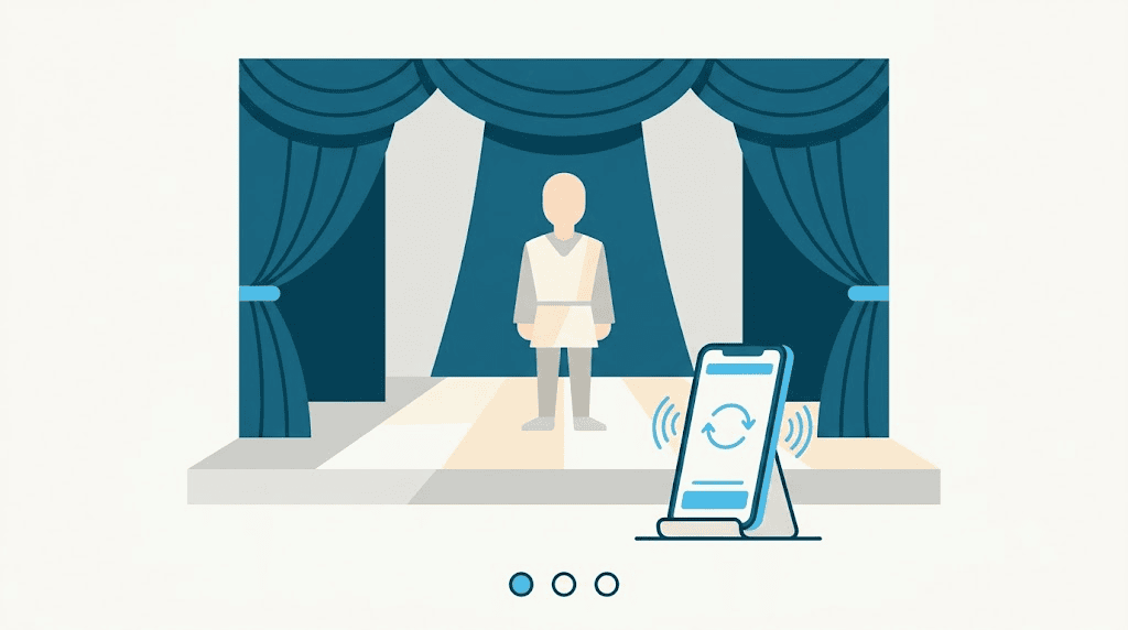 Illustration: an actor on a small stage running lines from a looping phone recording