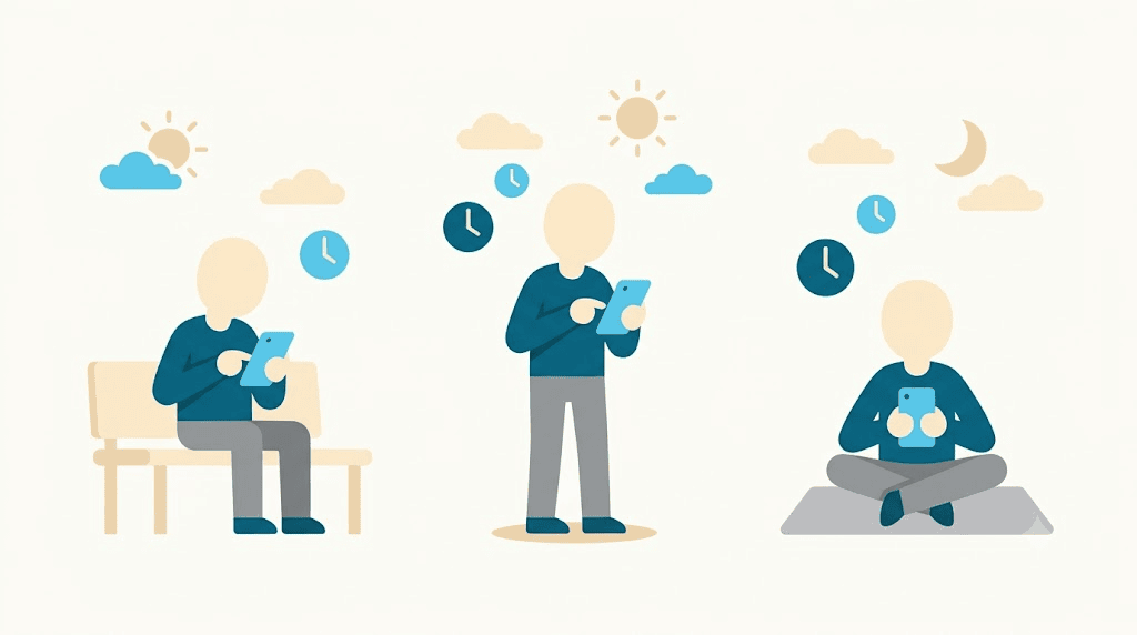 Illustration: short line practice spread across morning, afternoon and night