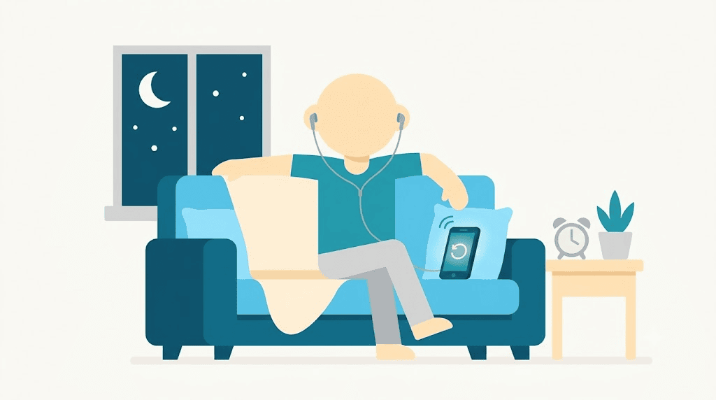 Illustration: relaxed night-before line practice with a looping phone recording
