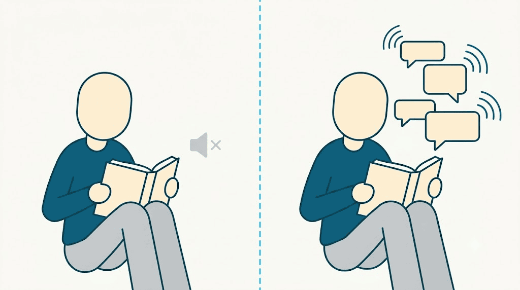 Illustration: silent reading versus reading a book out loud
