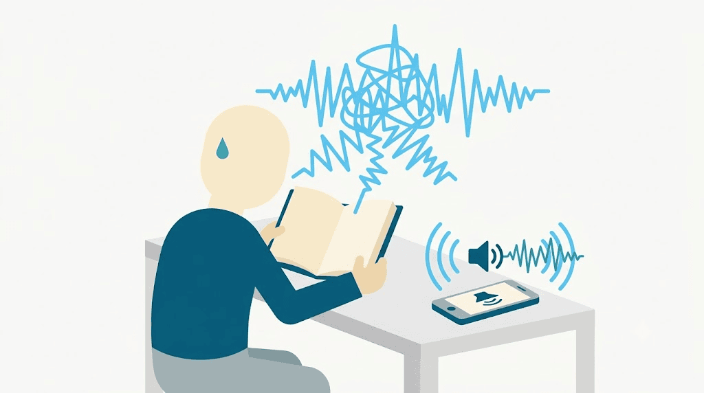 Illustration: a recording catching rushed, mumbled reading