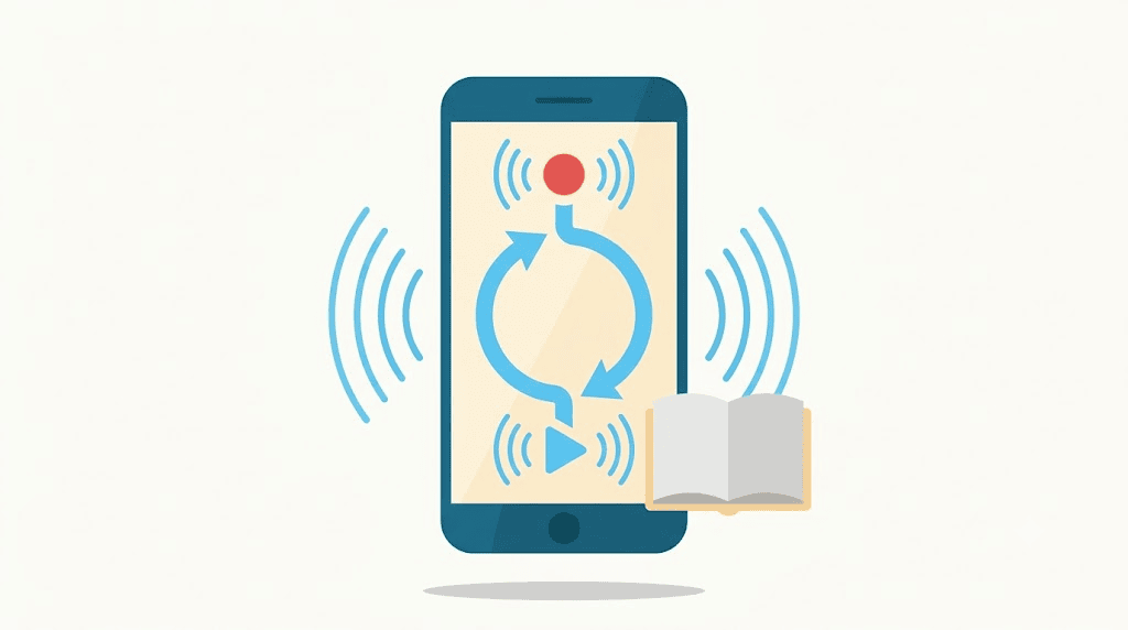 Illustration: a phone showing the record-then-replay loop beside a book