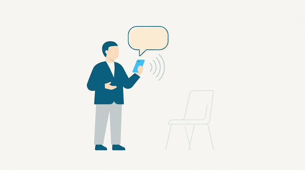 Illustration: speaking English into a phone with no partner needed