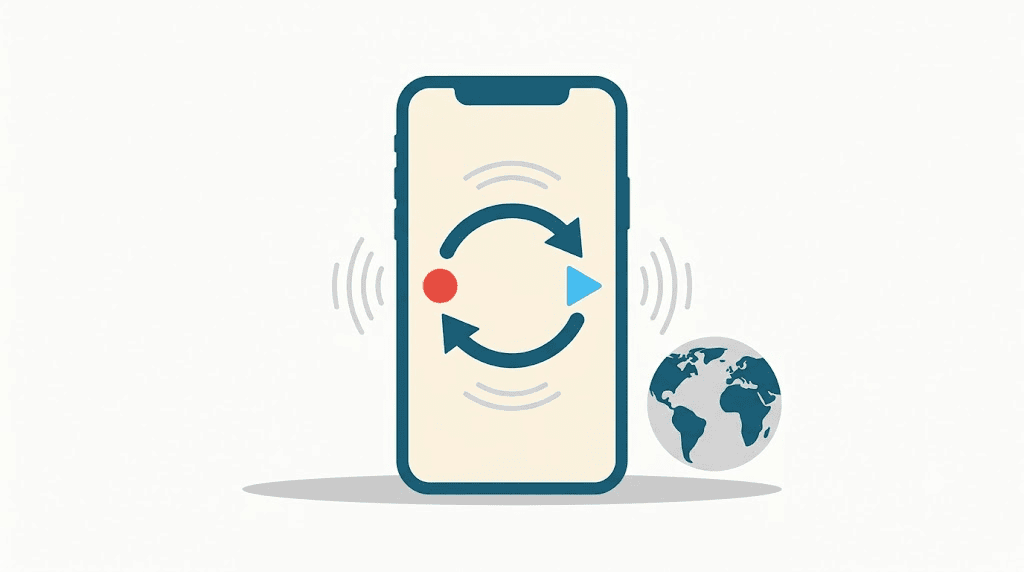 Illustration: a phone showing the record-then-replay loop beside a globe