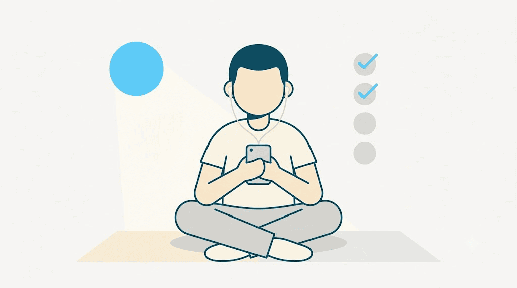 Illustration: a simple daily English speaking habit with a phone and earbuds