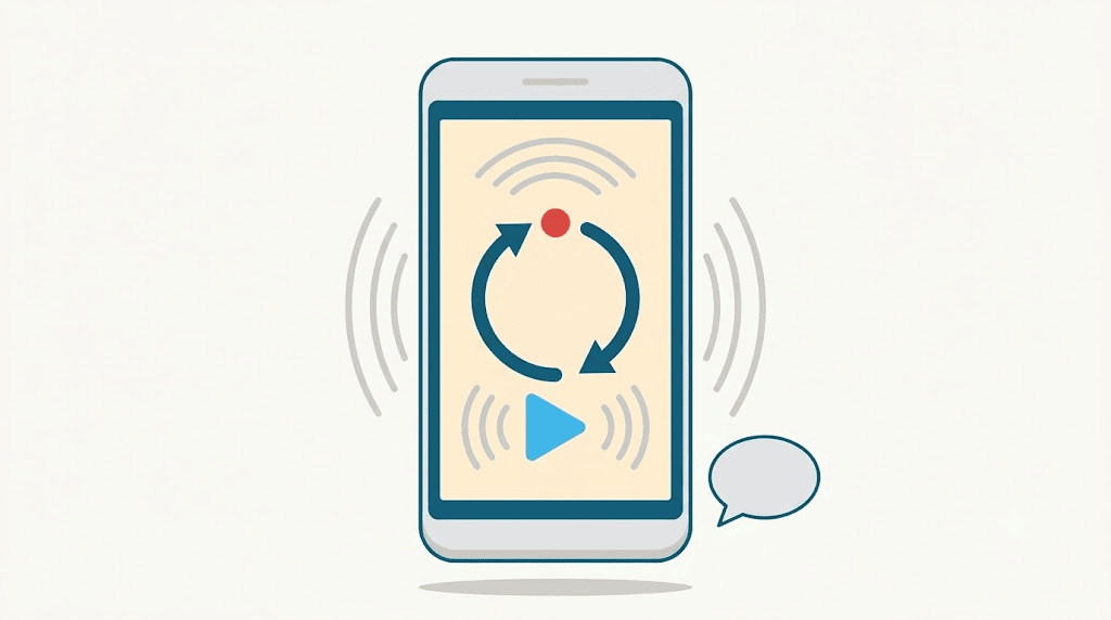 Illustration: a phone showing the record-then-replay loop
