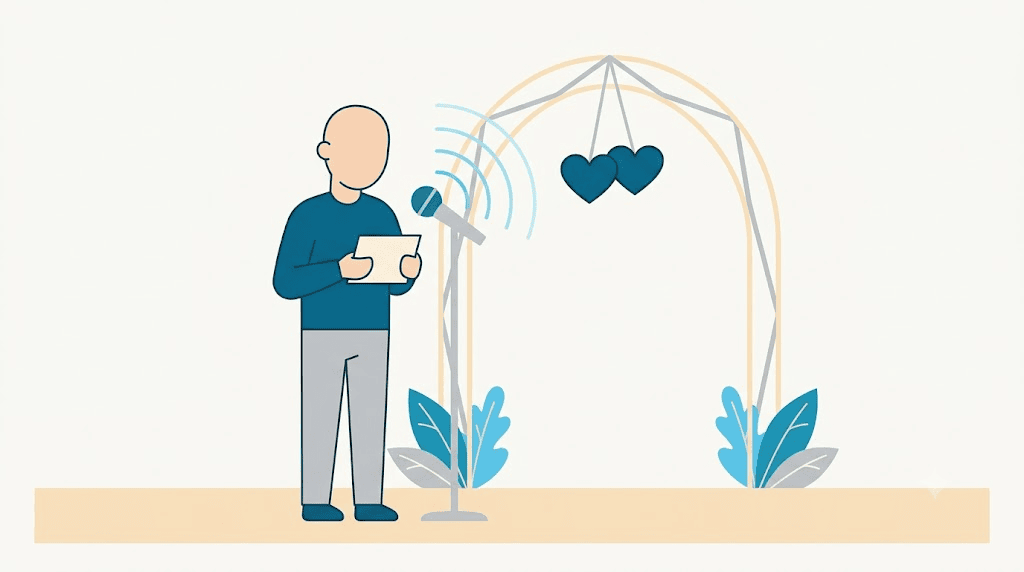 Illustration: rehearsing a wedding speech calmly at the microphone