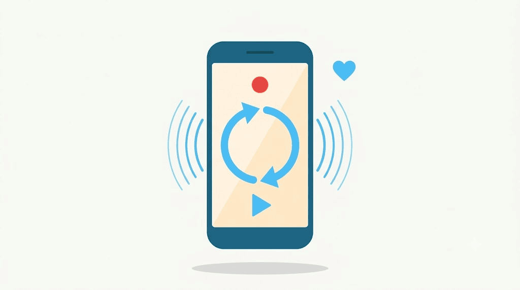 Illustration: a phone showing the record-then-replay loop