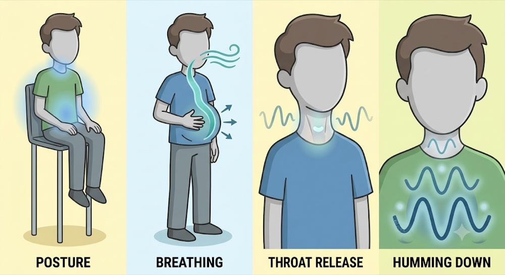 Four steps to a naturally deeper voice: upright posture with an open chest, low steady breathing from the belly, releasing the throat and jaw, and humming down through your range