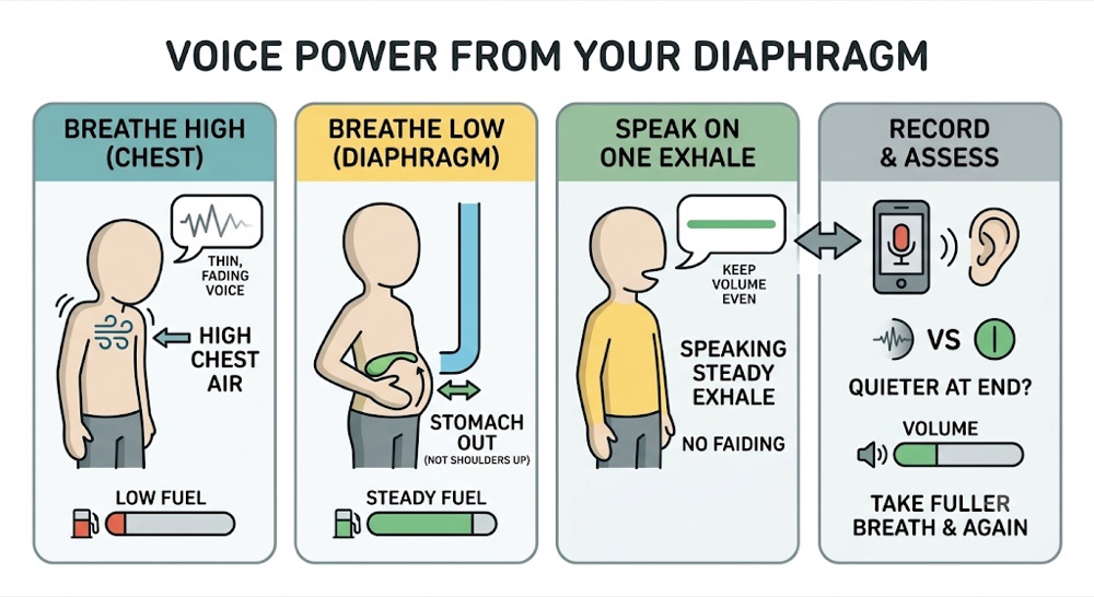 Voice power from your diaphragm: breathing high in the chest gives a thin, fading voice on low fuel, while breathing low from the diaphragm gives steady fuel to speak on one even exhale, then record and assess whether the volume faded at the end