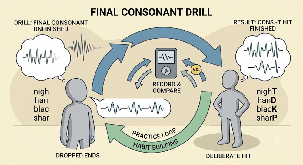 The final consonant drill: dropped word endings like nigh, han, blac become night, hand, black once you deliberately land the last hard sound, and a recording confirms the habit
