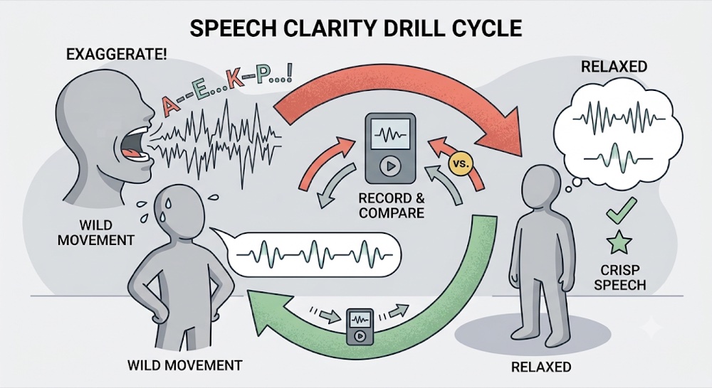 The speech clarity drill cycle: read a line with wildly exaggerated mouth movement, then read it again relaxed, record both, and compare so the relaxed version comes out crisper