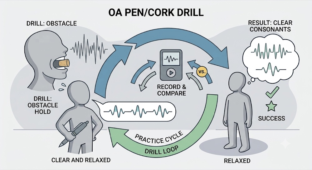 The pen or cork drill: read a line with a pen held between your front teeth so tongue and lips work harder, then take it out and read again, and the recording proves the consonants land clearly