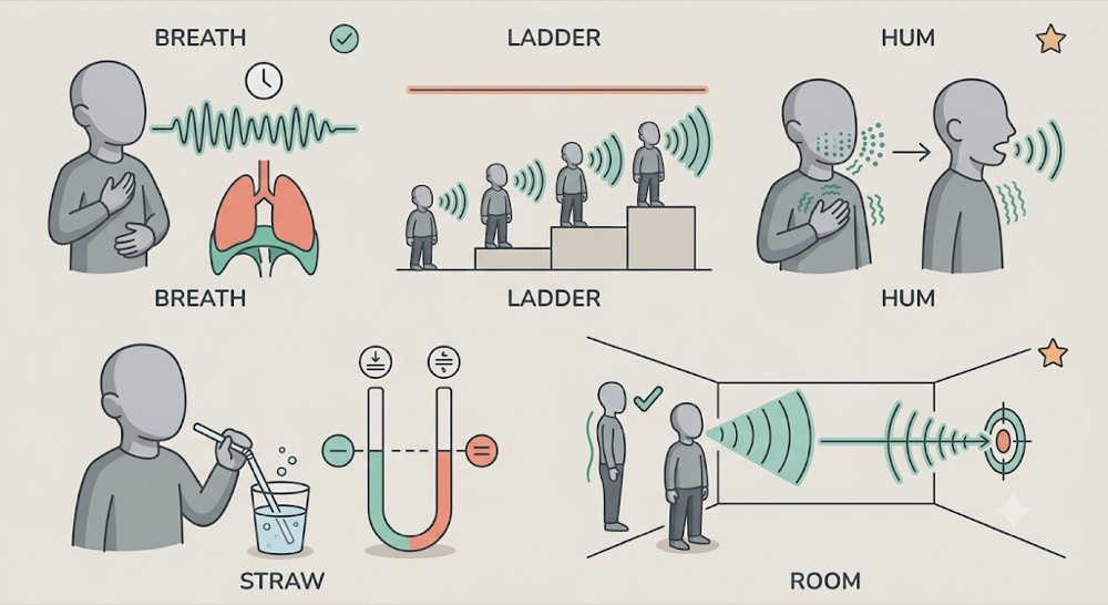 Five projection drills: a sustained ah on a full breath, a volume ladder that gets louder without going higher, humming for resonance, straw phonation to balance the pressure, and aiming your voice at the back wall of the room
