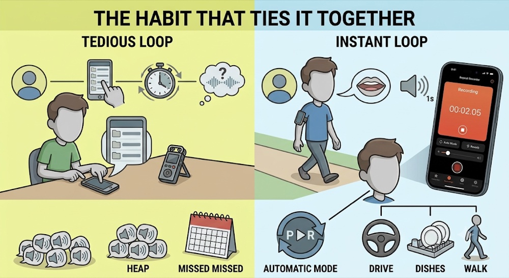 An ordinary voice recorder makes a tedious loop of hunting for files and missing takes, while Repeat Recorder plays each take back a second later in automatic mode so you can practise while you drive, do the dishes or walk