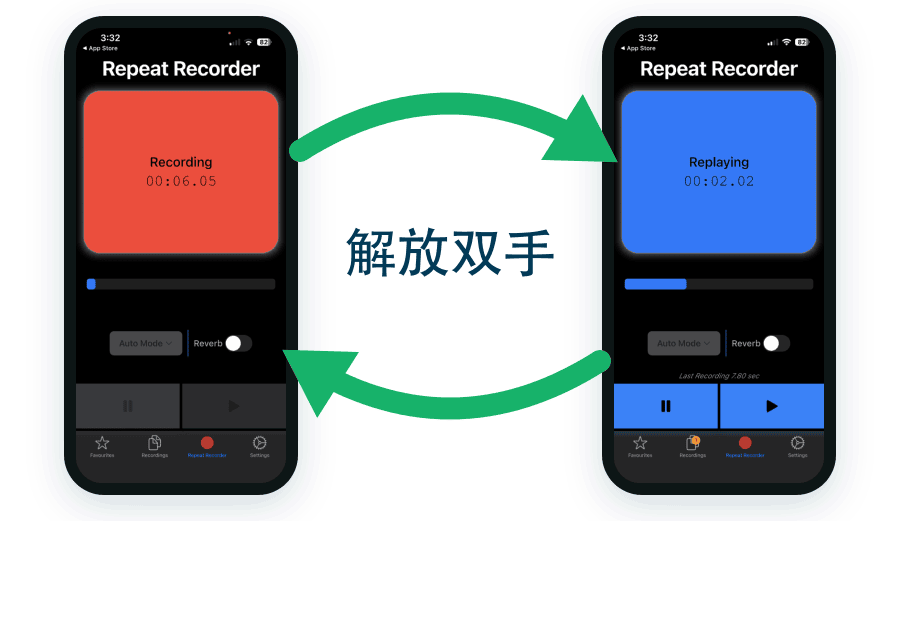 Repeat Recorder 的录音与回放循环：在红色界面录音，在蓝色界面解放双手回放