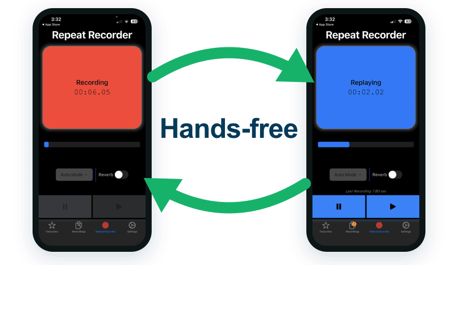 Repeat Recorder's record and replay loop: record on the red screen, replay hands-free on the blue screen