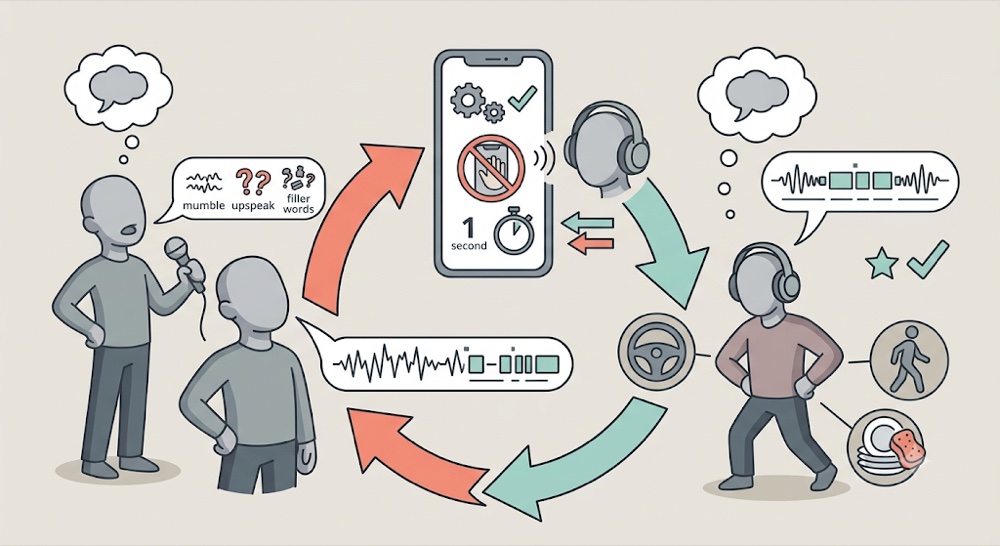 Mumbles, upspeak and filler words are invisible while you speak, but Repeat Recorder plays each take back a second later, hands-free, so you can catch and fix them while driving, walking or doing the dishes