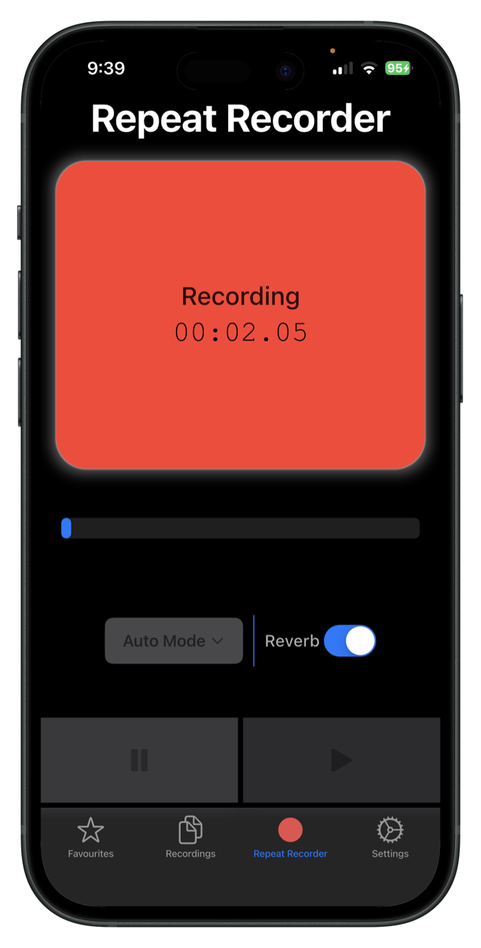 Repeat Recorder recording your voice, showing the red Recording screen and timer
