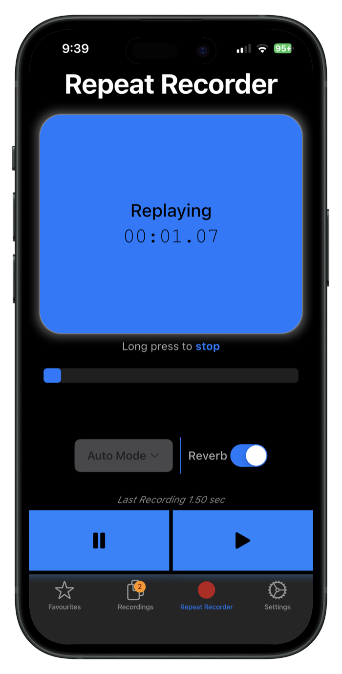 Repeat Recorder replaying your take, showing the blue Replaying screen