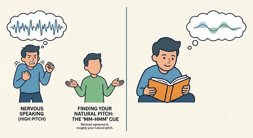 Nervous speaking pushes the pitch high and tense, while the relaxed mm-hmm cue settles you into your natural, lower, steadier pitch for reading a passage calmly