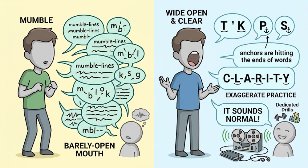 A barely-open mouth produces a jumble of mumbled, collapsed words, while a wide-open mouth that hits the ends of words comes out clear, and a recording confirms it sounds normal