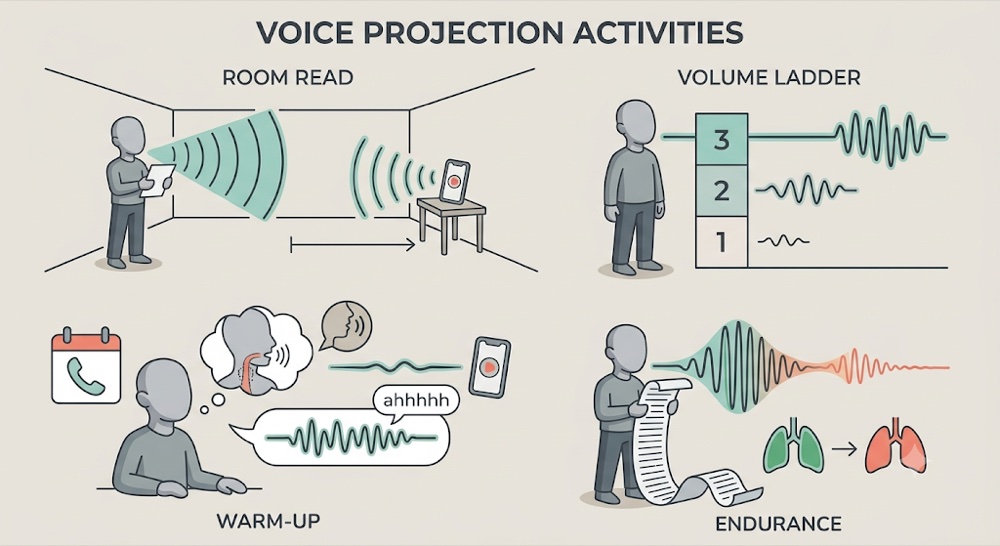 Four projection activities: read across the room with your phone recording at the far end, a volume ladder from quiet to full, a warm-up before it matters, and an endurance read that shows where your breath support runs out