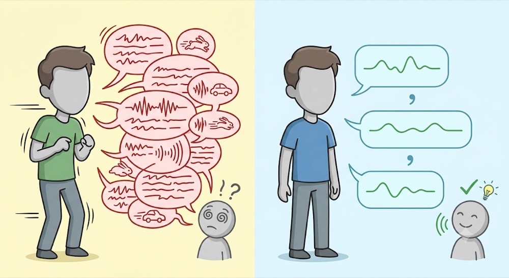 Fast talking overwhelms a listener with a jumble of rushed speech bubbles, while a slower pace with short pauses between phrases is calm and easy to follow