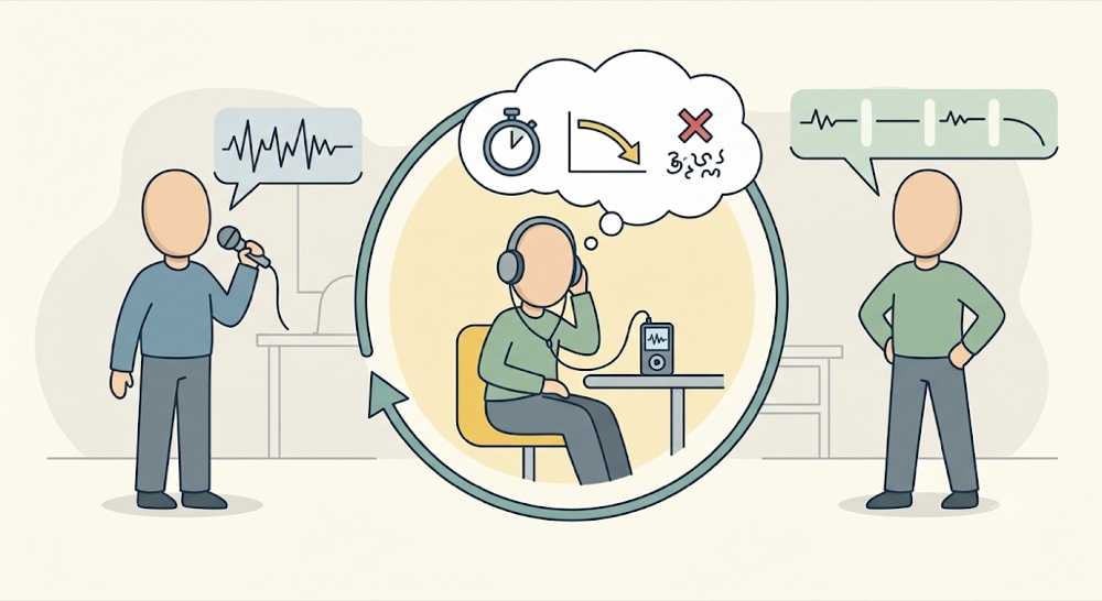 The confident-speaking practice loop: record a take, listen back for the pause, the falling pitch and any um, fix the one thing you caught, and say it again until the confident version is automatic