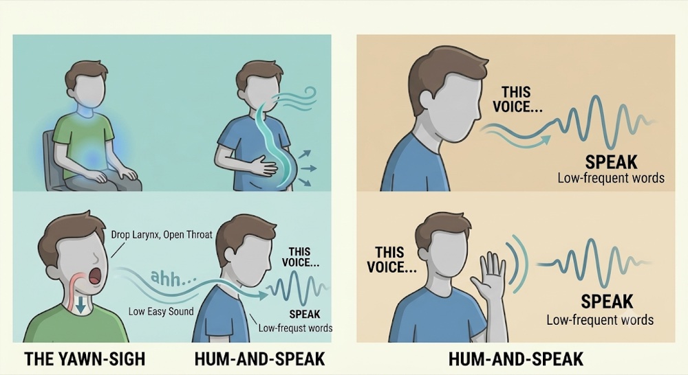 The two exercises: the yawn-sigh drops the larynx and opens the throat for a low, easy sound, then hum-and-speak carries that same relaxed low voice straight into a spoken sentence