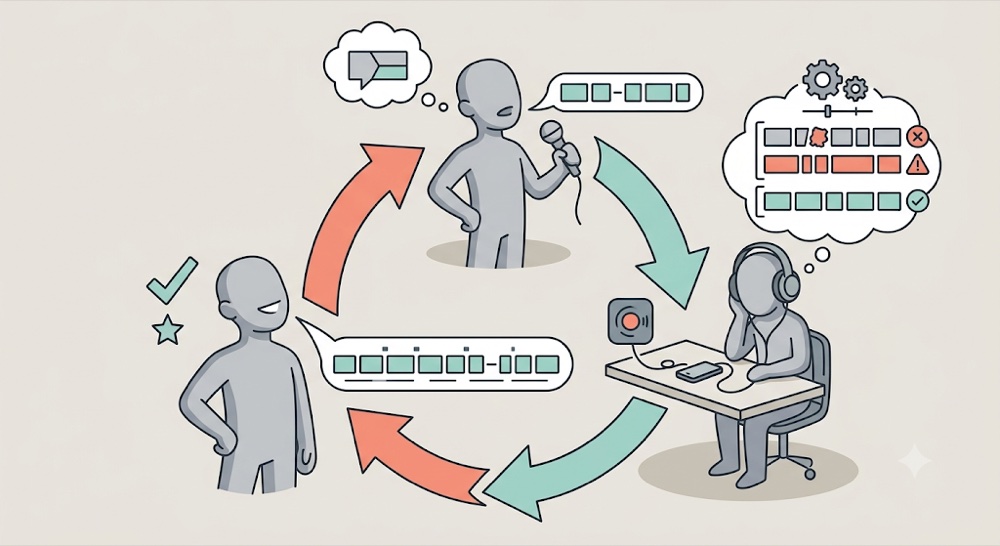 Speaking properly comes from a simple loop with no coach or stage: record a phrase, listen back to spot the word or filler that slipped, and redo the take until it lands clearly