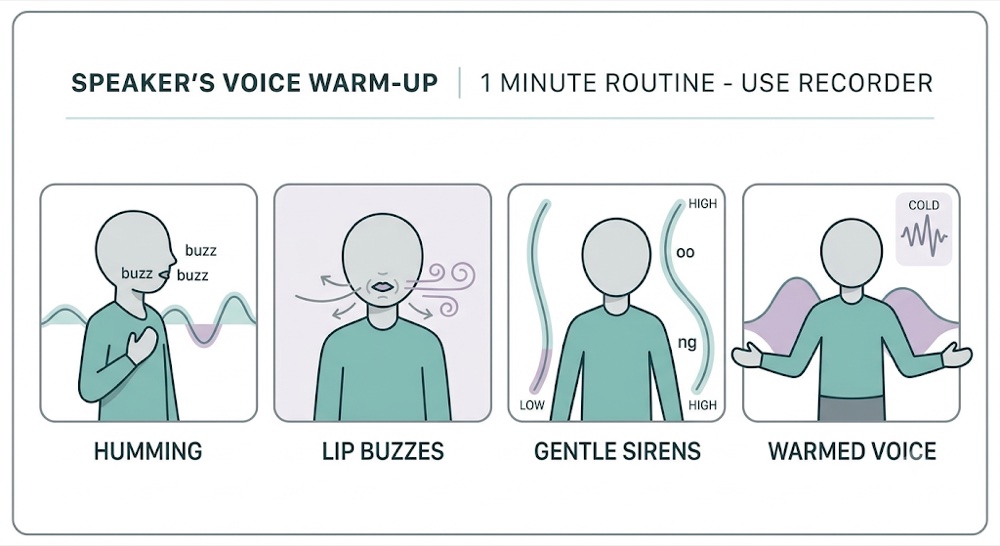 A one-minute speaker's voice warm-up with the recorder running: humming, lip buzzes, and gentle sirens, which settle a cold voice into its warmer, fuller range