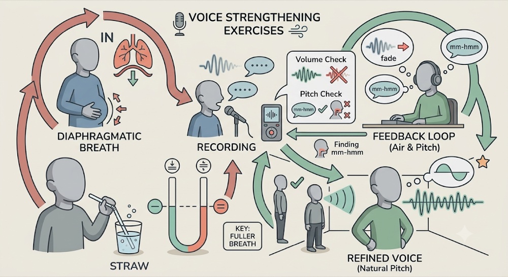 Voice-strengthening loop: a fuller diaphragmatic breath feeds a recording, you check the take for fading volume and for landing your natural mm-hmm pitch, then repeat to build a steadier, refined voice