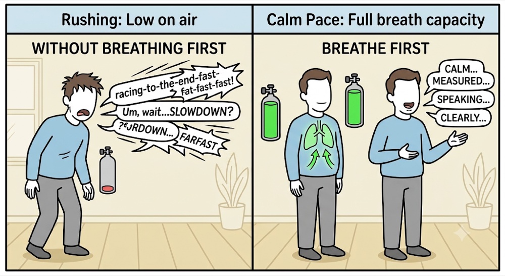 Comparison of speaking without breathing first, where the words race and blur as air runs out, versus breathing first for a calm, measured, clear pace