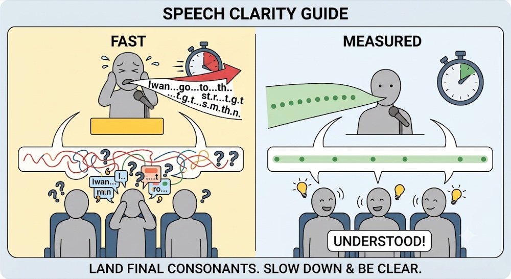 Speech clarity guide showing that fast, clipped speech leaves listeners confused, while landing the final consonants makes every word understood