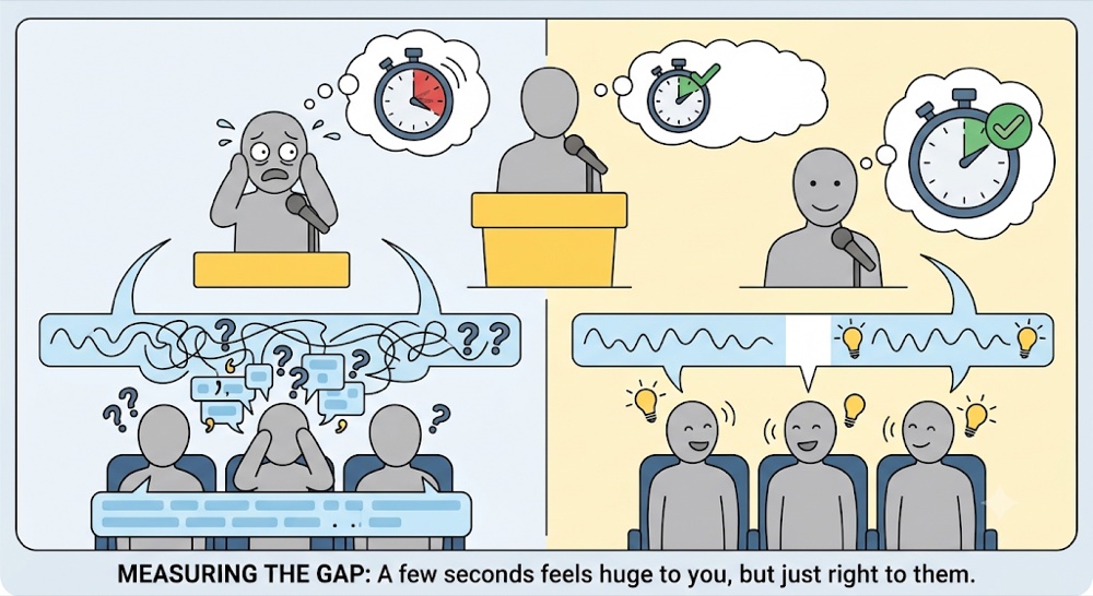 A short pause feels huge to the speaker but sounds just right to the audience, who follow along easily instead of getting lost