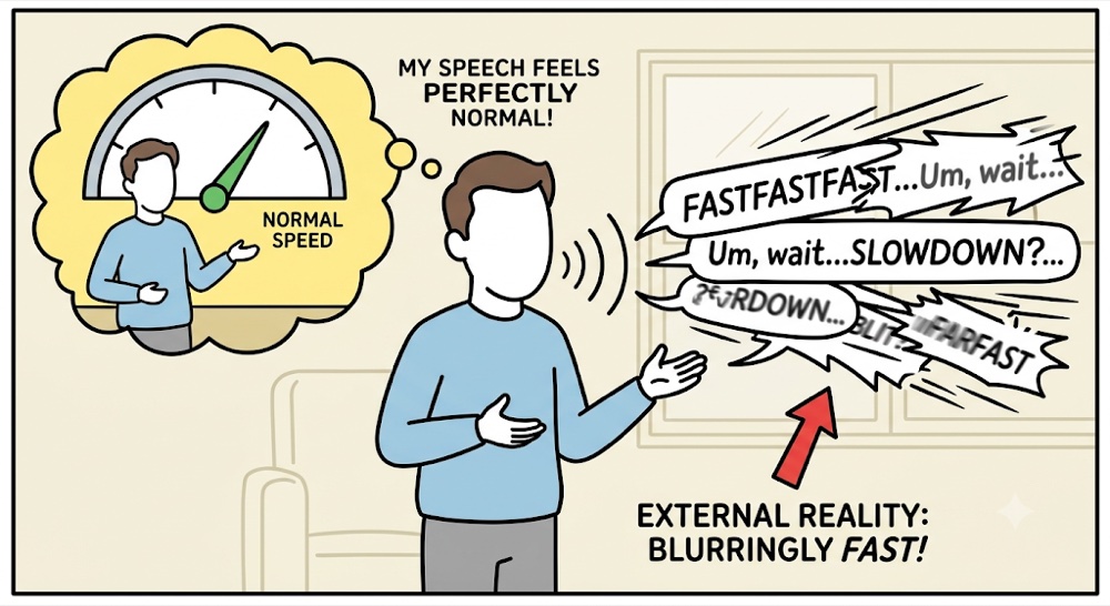 A fast talker thinking his speech feels perfectly normal, while the external reality is blurringly fast and hard for others to follow