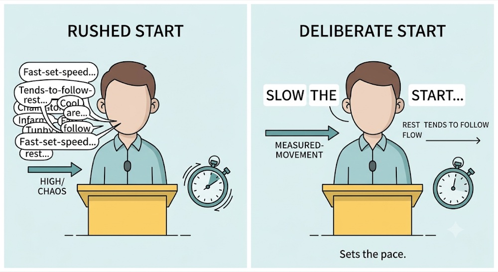 A rushed start sends the whole sentence into fast, chaotic speech, while a deliberate, measured start sets the pace and the rest of the sentence follows