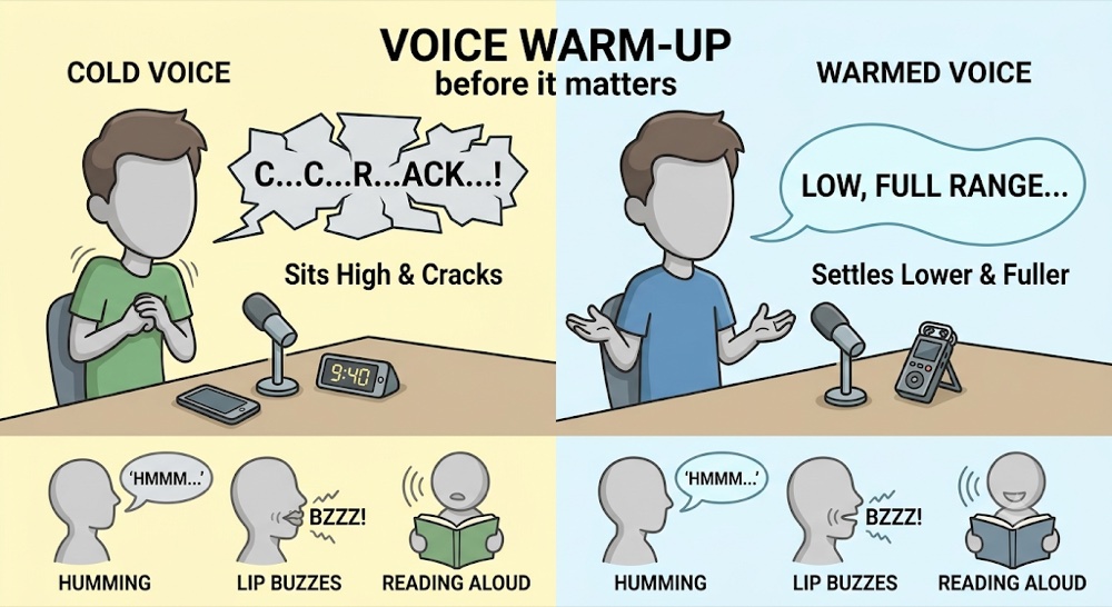 A cold voice sits high and cracks, but after humming, lip buzzes and reading aloud the warmed voice settles into a lower, fuller range
